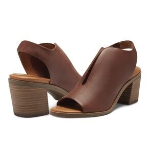Lucky Brand Boho Leather Sz 8.5 Rhazy Sling Back Peep Toe Stacked Heel Sandals